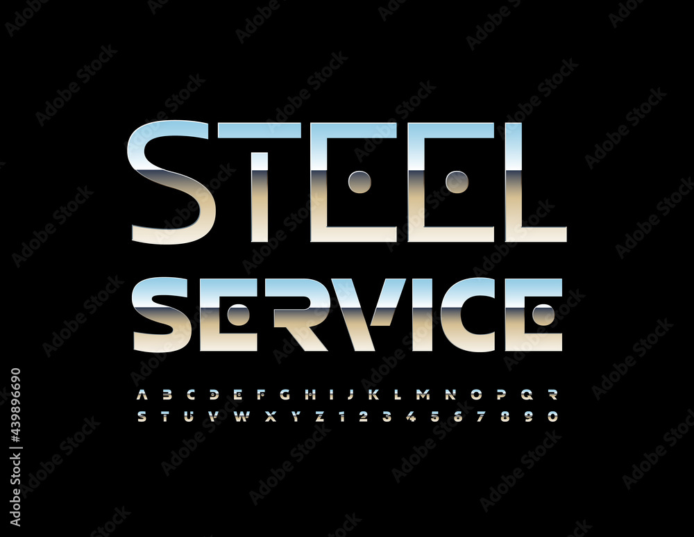 Vector industrial logo Steel Service. Metallic techno Font. Futuristic Alphabet Letters and Numbers set