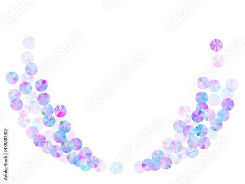 Violet tinsels confetti scatter vector composition. Glamour shining bead elements party decor top view. Christmas confetti placer glossy texture.