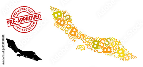 Rubber Pre-Approved stamp seal, and bank mosaic map of Curacao Island. Red round seal includes Pre-Approved text inside circle. Map of Curacao Island mosaic is done with money, dollar,