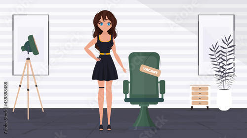 Girl shows on a vacant place. Cup in the shape of an office chair. The concept of open work. Vector.