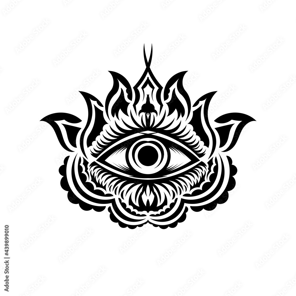 Abstract symbol of All-seeing Eye in Boho Indian Asian Ethno style for tattoo black on white for decoration T-shirt or for coloring page or adult coloring book. Concept magic occultism esoterics