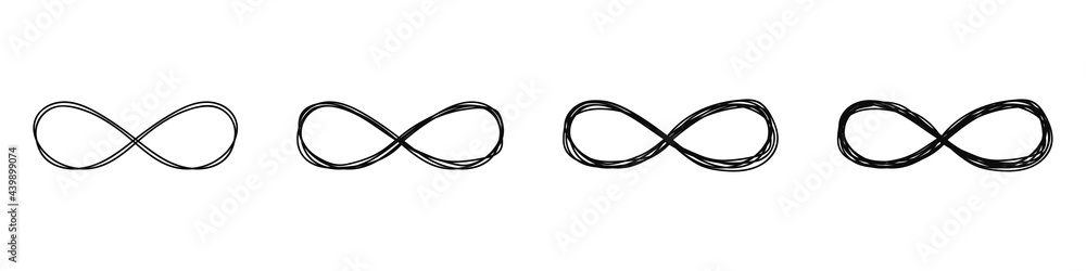 Set of infinity symbols drawn by one line isolated on white background. Repetitions or unlimited cycling. Vector illustration Set of infinity symbols drawn by one line isolated on white background. Repetitions or unlimited cycling. Vector illustration