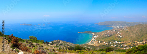 Panoramic view of Agios Petros beach and Gavrio bay on Andros  famous Cycladic island  in the heart of the Aegean Sea