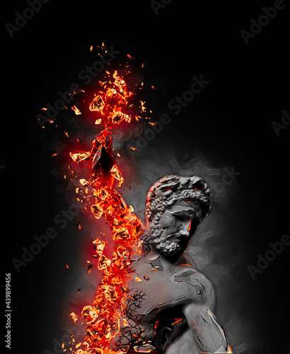 Muscular fiery arm, lava effect, lapilli and burning embers. Fury. Anger. Hercules. Mythological figure. Statue. 3d render 
