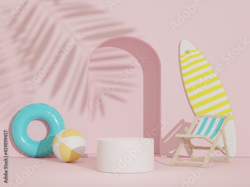 3d render of minimal display podium with summer season background concept. Minimalist pedestal for web banner and mock up. © TANATPON
