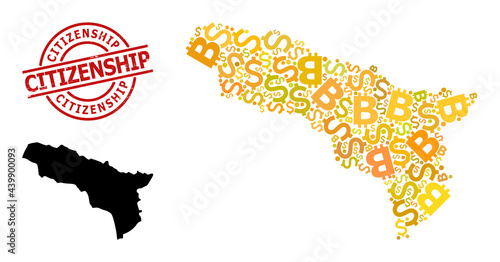 Scratched Citizenship seal, and money collage map of Abkhazia. Red round stamp seal contains Citizenship title inside circle. Map of Abkhazia collage is constructed with currency, dollar,