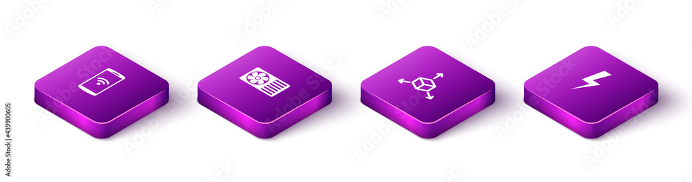 Set Isometric Smartphone with wireless, Air conditioner, Isometric cube and Lightning bolt icon. Vector Set Isometric Smartphone with wireless, Air conditioner, Isometric cube and Lightning bolt icon. Vector