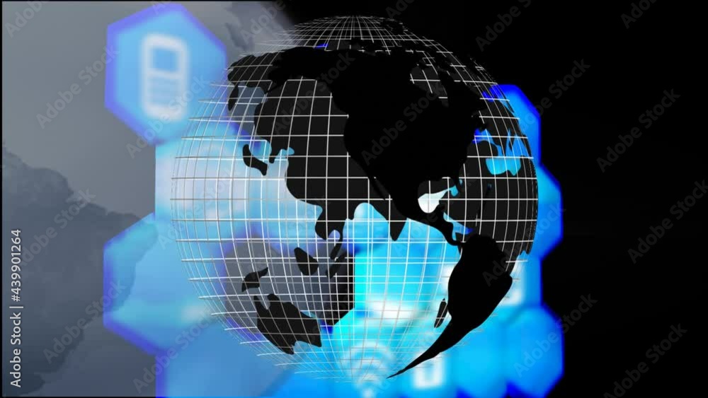Animation of networks of connections with digital icons over globe Animation of networks of connections with digital icons over globe