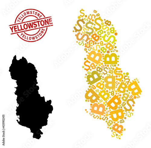 Distress Yellowstone seal, and finance mosaic map of Albania. Red round stamp seal includes Yellowstone tag inside circle. Map of Albania collage is made of finance, funding,