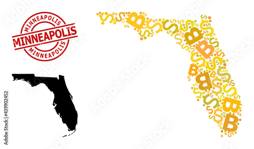 Rubber Minneapolis stamp seal, and money collage map of Florida State. Red round stamp seal includes Minneapolis title inside circle. Map of Florida State collage is designed from currency, dollar,