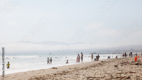 A crowded beach on a hot day in Santa Monica  California. 