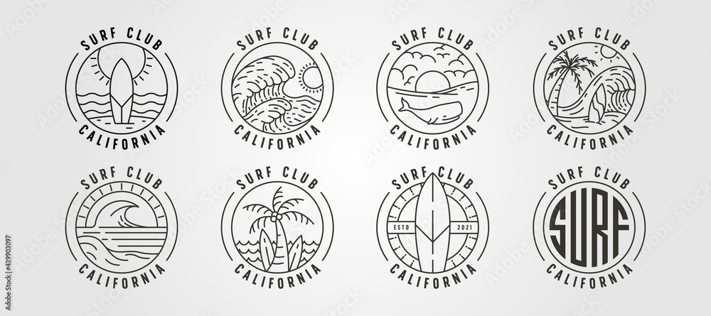 set of line art california surf club icon logo vector illustration design, ocean landscape minimal logo design - obrazy, fototapety, plakaty 