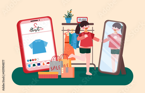 Girl Buy New Cloth From Online Shopping Mall And Try New Shirt In Front Of Mirror