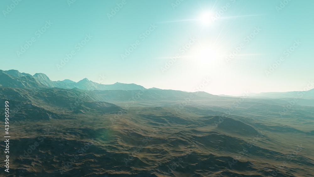 beautiful view from an exoplanet, a view from an alien planet, a computer-generated surface, a fantastic view of an unknown world, a fantasy world 3D render