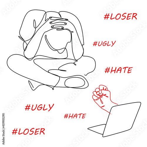 a line drawing of a man sitting on the floor, struggling because of cyberbullying. a fist pointing from a laptop screen on social media is a threat to the victim. Stop the cyberbullying concept, a sad