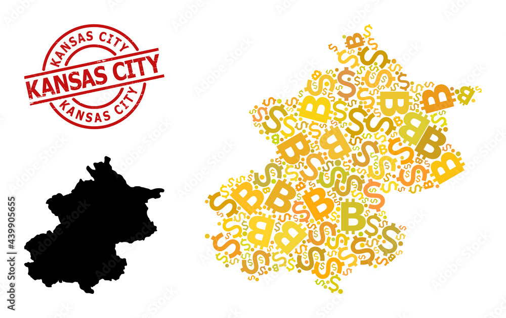 Rubber Kansas City badge, and financial mosaic map of Beijing Municipality. Red round badge has Kansas City tag inside circle. Map of Beijing Municipality mosaic is created from financial, dollar,