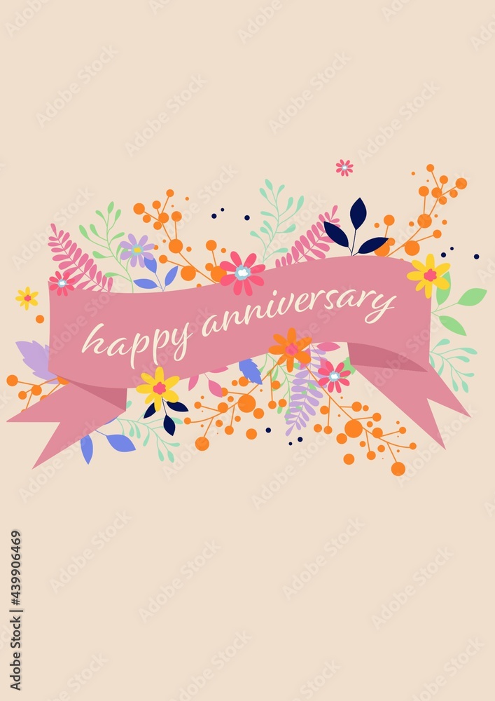 Composition of happy anniversary text with floral design on cream background