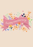 Composition of happy anniversary text with floral design on cream background
