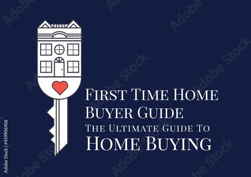 Fotografie, Obraz Composition of home buyer guide text in white, with house key and heart design o