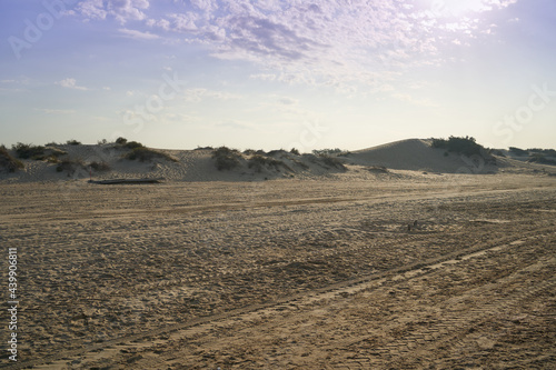 Sandy sea coast with dunes on the horizon