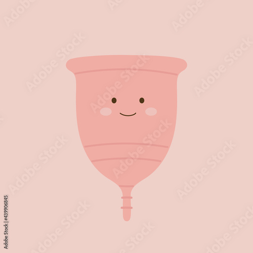 Cute happy smiling menstrual cup. Zero waste device for women in critical days. Eco-friendly, plastic free concept. Flat cartoon kawaii vector illustration. Isolated on pink background. 