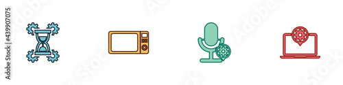 Set Hourglass setting, Microwave oven, Microphone and Laptop icon. Vector