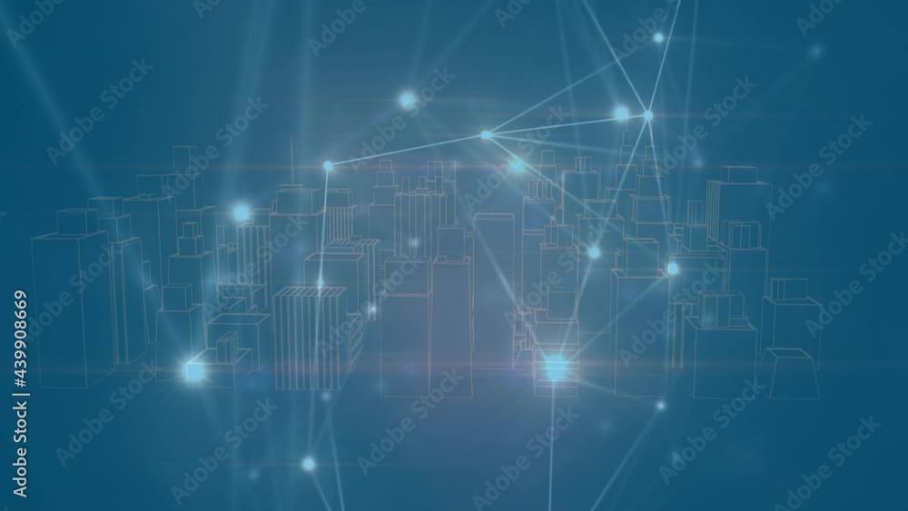Animation of network of connections over 3d cityscape on blue background Animation of network of connections over 3d cityscape on blue background