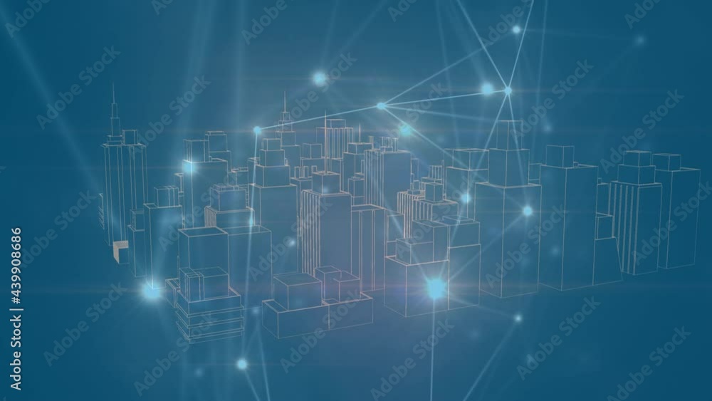 Animation of networks of connections over 3d cityscape on blue background Animation of networks of connections over 3d cityscape on blue background