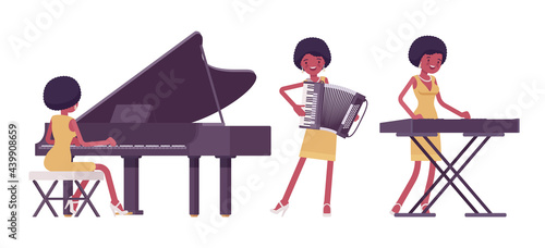 Musician, jazz, rock and roll african woman playing keyboard instruments. Grand piano, accordion, synthesizer performer, pop music band, popular solo artist. Vector flat style cartoon illustration