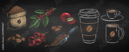 Chalked coffee cups and plants