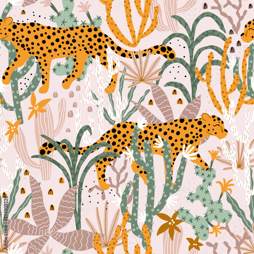 Leopard in Tropical Jungle Seamless Pattern. Vector illustrations of animal  plants  cacti  succulents in a simple cartoon hand-drawn style. Pastel earthy palette.