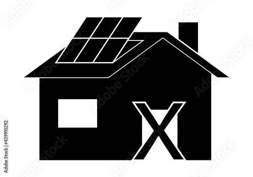 Prohibido entrar. Icono de casa con placas solares con dos tablas cruzadas en forma de equis en la entrada impidiendo el paso