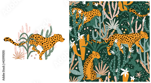 Leopard in Tropical Jungle Seamless Pattern. Vector illustrations of animal, plants, cacti, succulents in a simple cartoon hand-drawn style. Pastel earthy palette.