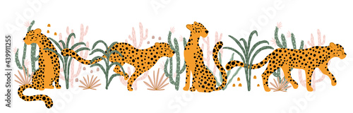Leopards in the Tropical Jungle. Vector illustration composition of animal, plants, cacti, succulents in simple cartoon hand-drawn style. Pastel earthy palette. Isolate on a white background.