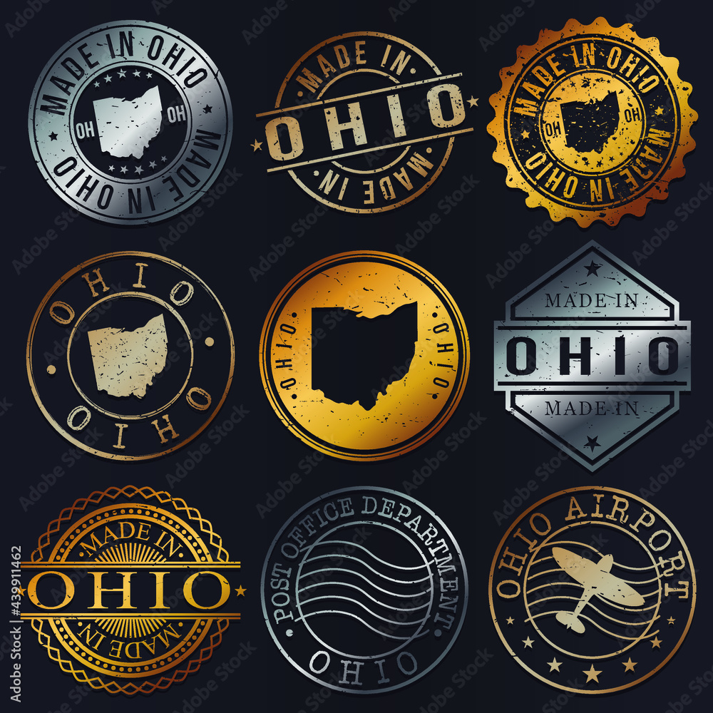 Ohio, USA Business Metal Stamps. Gold Made In Product Seal. National Logo Icon. Symbol Design Insignia Country.