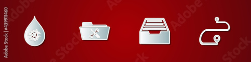 Set Dirty water drop, Folder service, Drawer with documents and Route location icon. Vector