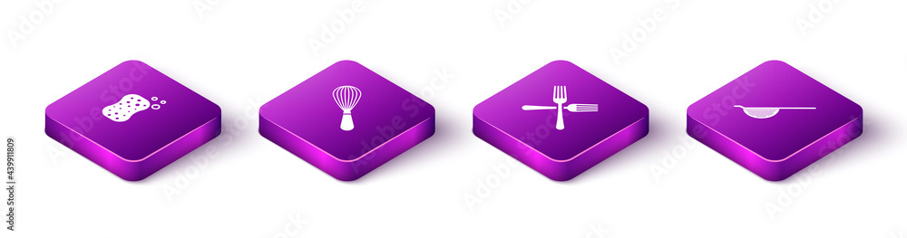 Set Isometric Sponge with bubbles, Kitchen whisk, Crossed fork and colander icon. Vector Set Isometric Sponge with bubbles, Kitchen whisk, Crossed fork and colander icon. Vector