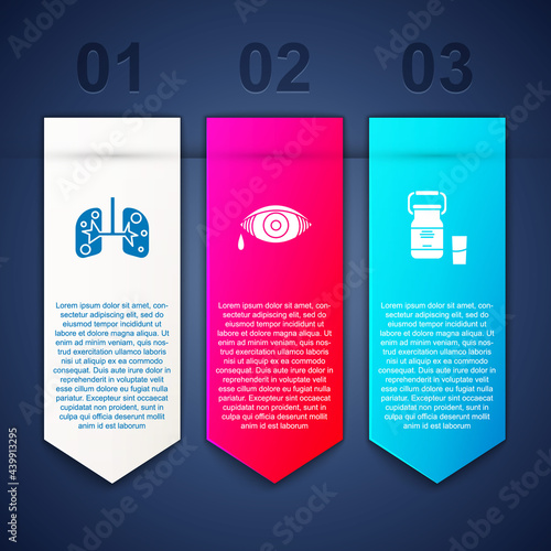 Set Lungs, Reddish eye allergic conjunctivitis and Can container for milk. Business infographic template. Vector