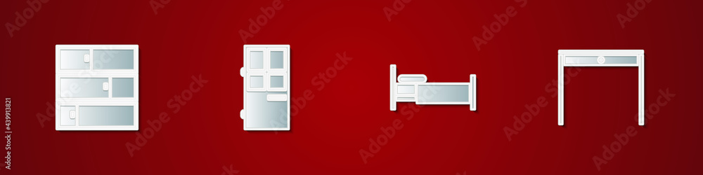 Set Shelf, Closed door, Bed and Wooden table icon. Vector Set Shelf, Closed door, Bed and Wooden table icon. Vector