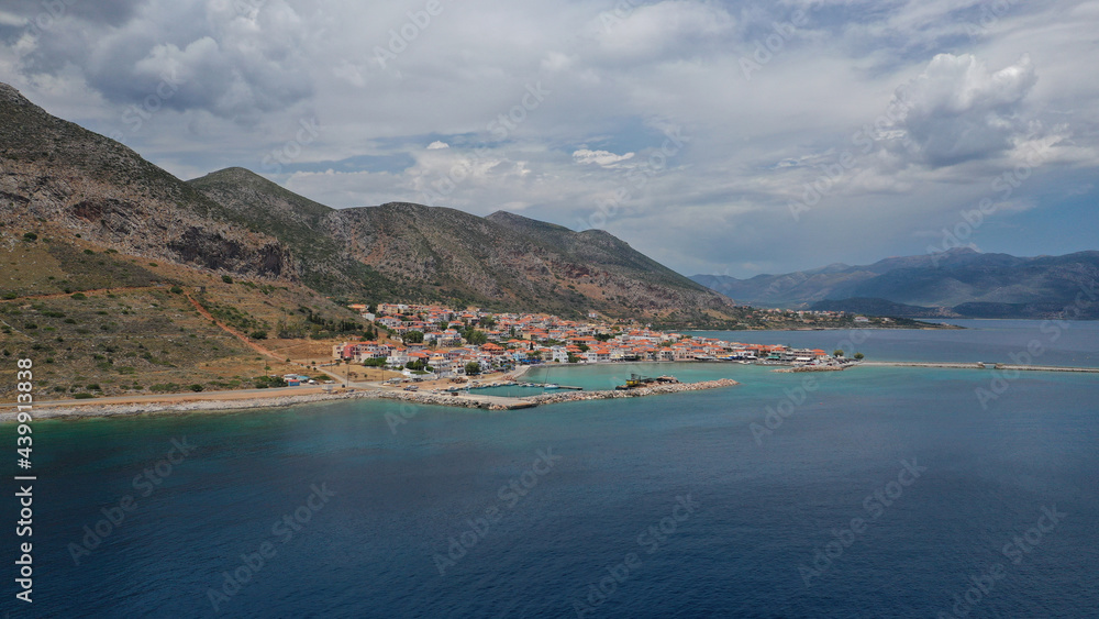 Aerial drone photo of new city of Monemvasia in the heart of Lakonia with beautiful clouds and deep blue sky, Peloponnese, Greece