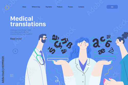 Medical translations - medical insurance web template. Modern flat vector
