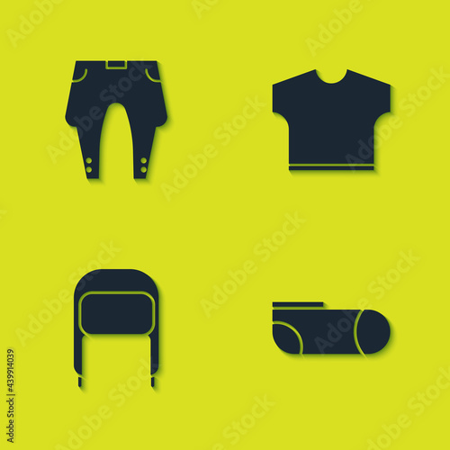Set Pants, Sport socks, Winter hat with ear flaps and T-shirt icon. Vector