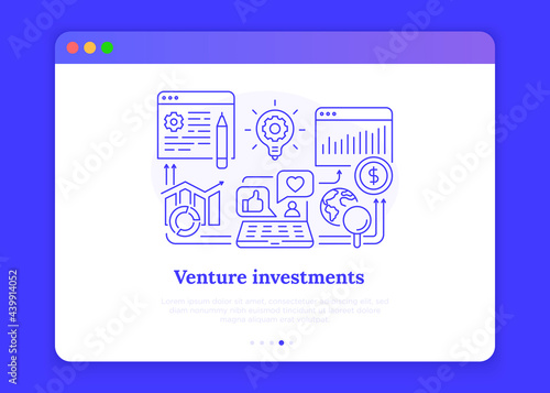 Venture investments concept with thin line icons. Investing in a startup and promoting it on social media, business analytics, looking for right decisions in business development. Vector illustration.