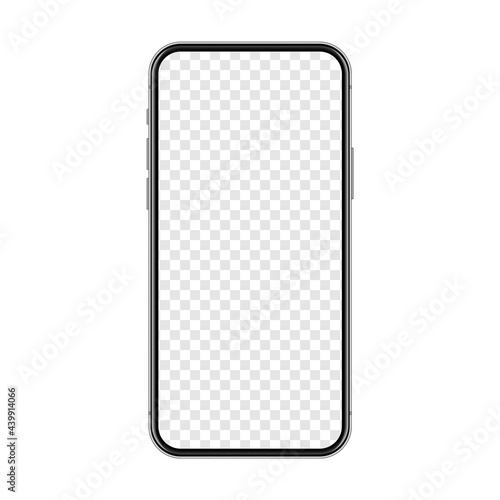 Realistic smartphone with blank touch screen isolated on white background. Frameless mobile phone in front view. High quality detailed device mockup. Vector illustration.