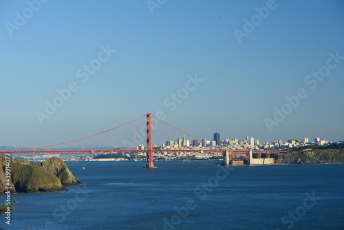 Golden Gate Bridge with blue sky and city of San Francisco