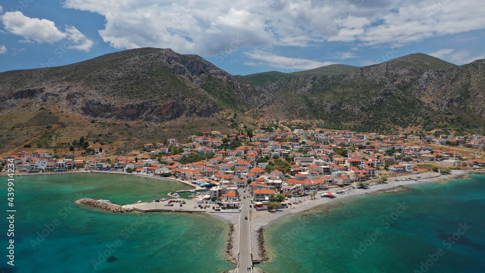Aerial drone photo of new city of Monemvasia in the heart of Lakonia with beautiful clouds and deep blue sky, Peloponnese, Greece