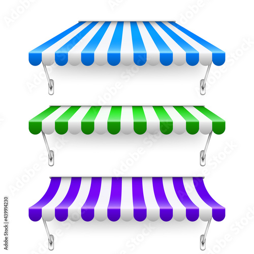 Colorful shop sunshade with metal mount. Realistic striped cafe awning. Outdoor market tent. Roof canopy. Summer street store. Vector illustration.