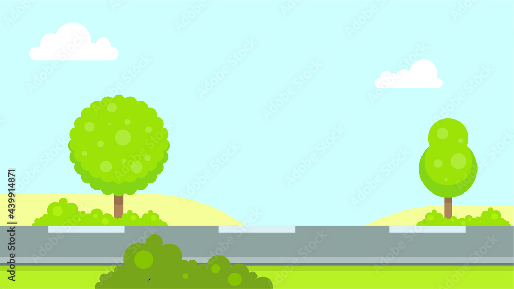 Straight empty road through the countryside. Desert hills, blue sky, bushes and trees. Flat Design Summer landscape vector illustration.