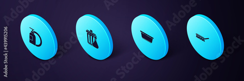 Set Isometric Brush for cleaning, Plastic basin, Trash can and garbage bag and Dishwashing liquid bottle plate icon. Vector