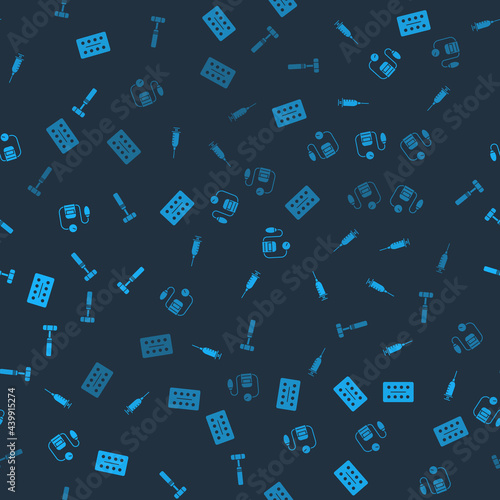Set Pills in blister pack, Syringe, Blood pressure and Neurology reflex hammer on seamless pattern. Vector
